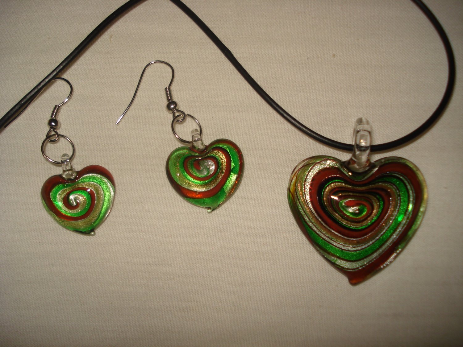 Glass heart necklace and earring set with gold, green, black & copper swirls - eg21