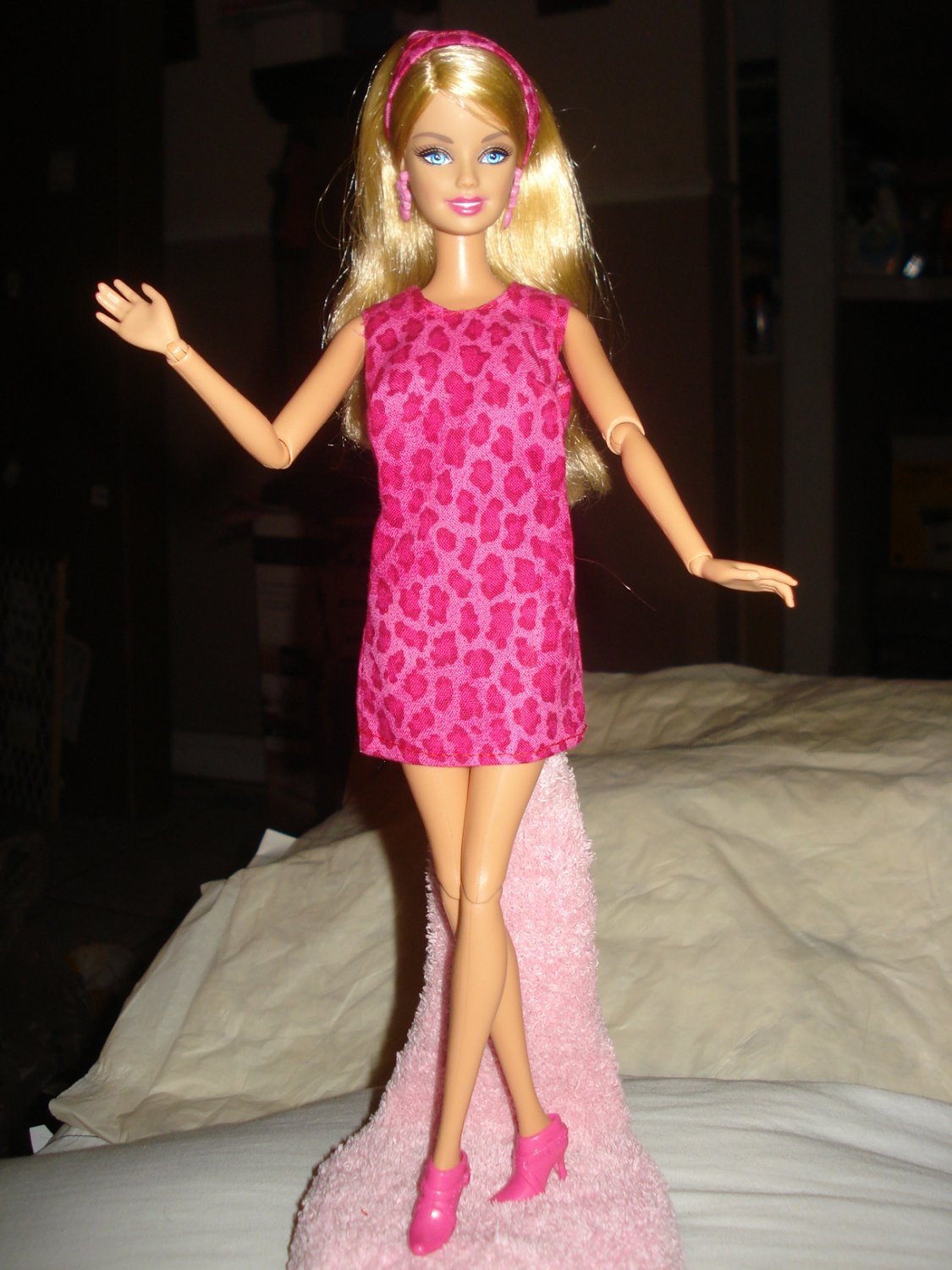 Hot pink animal print dress with matching headband for Barbie Doll - ed58