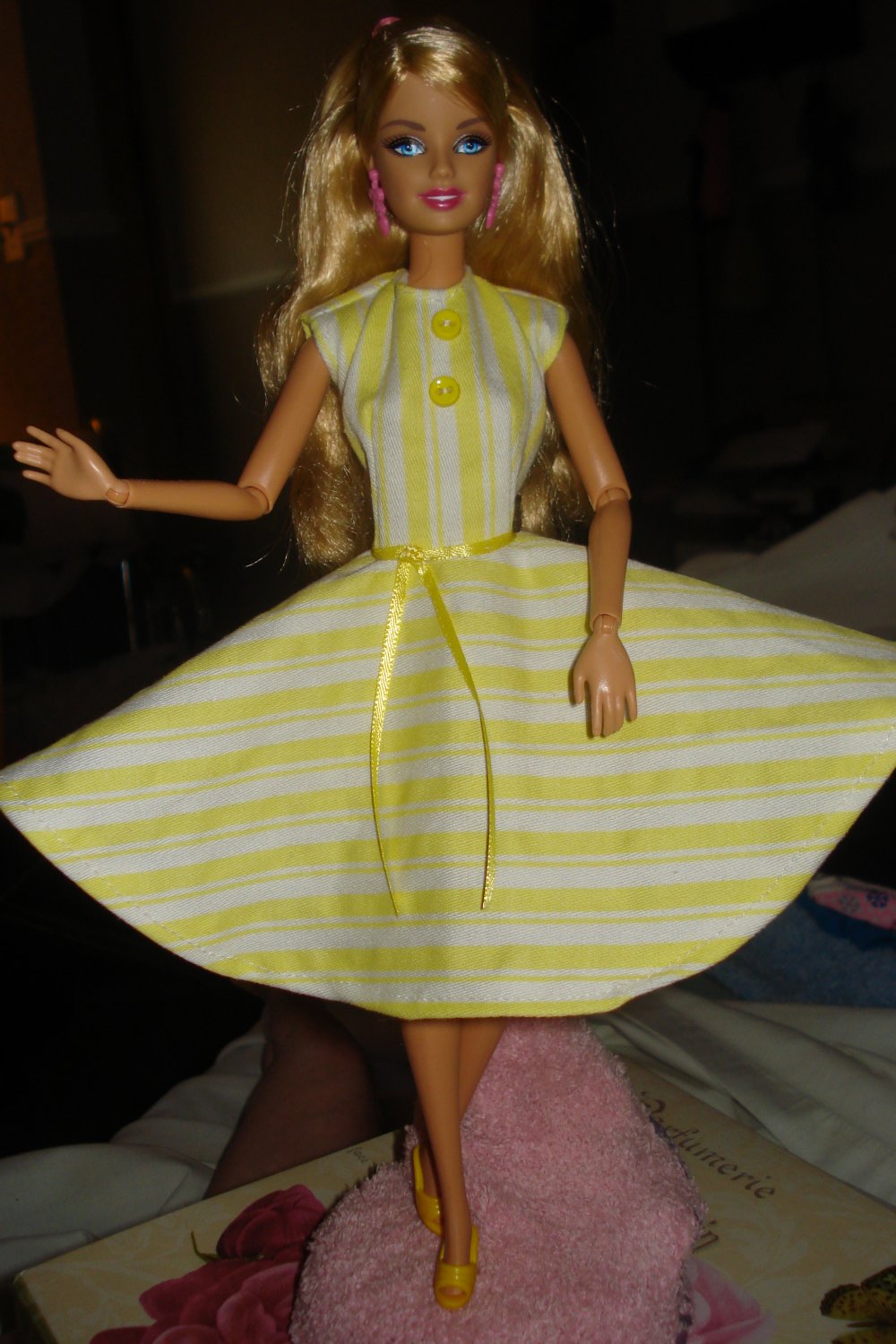 Circular skirt dress in yellow and white stripe fabric for Barbie Dolls - ed17