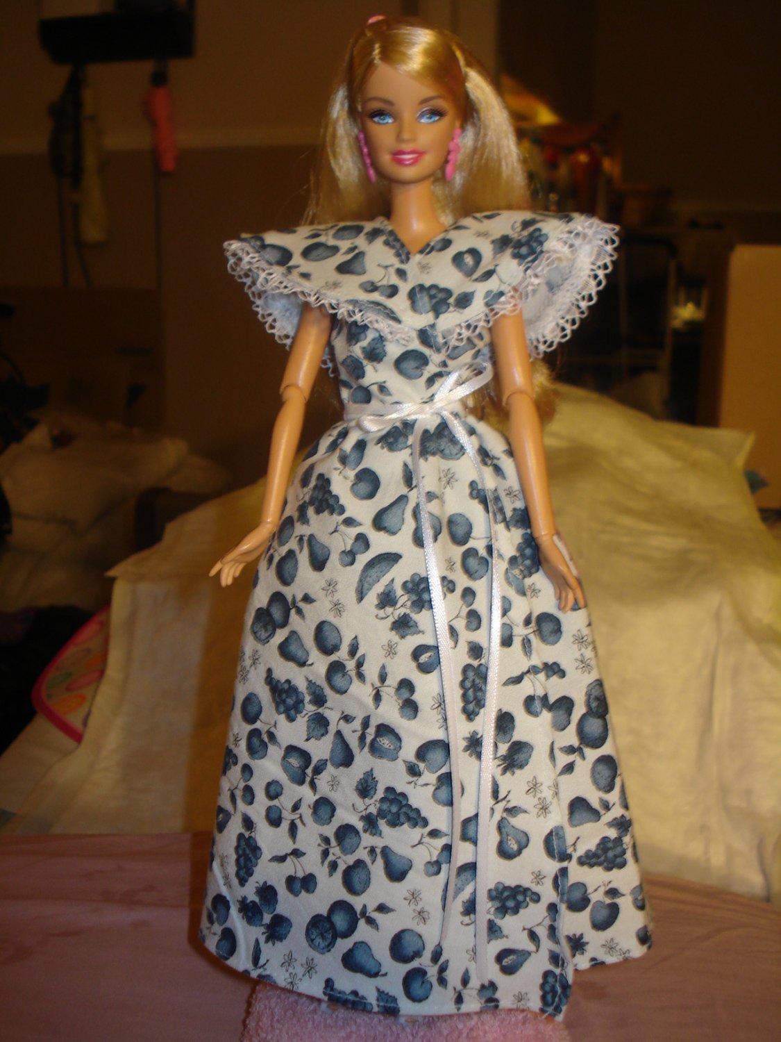 White & blue fruit print long wrap dress for your Barbie Dolls - ed133