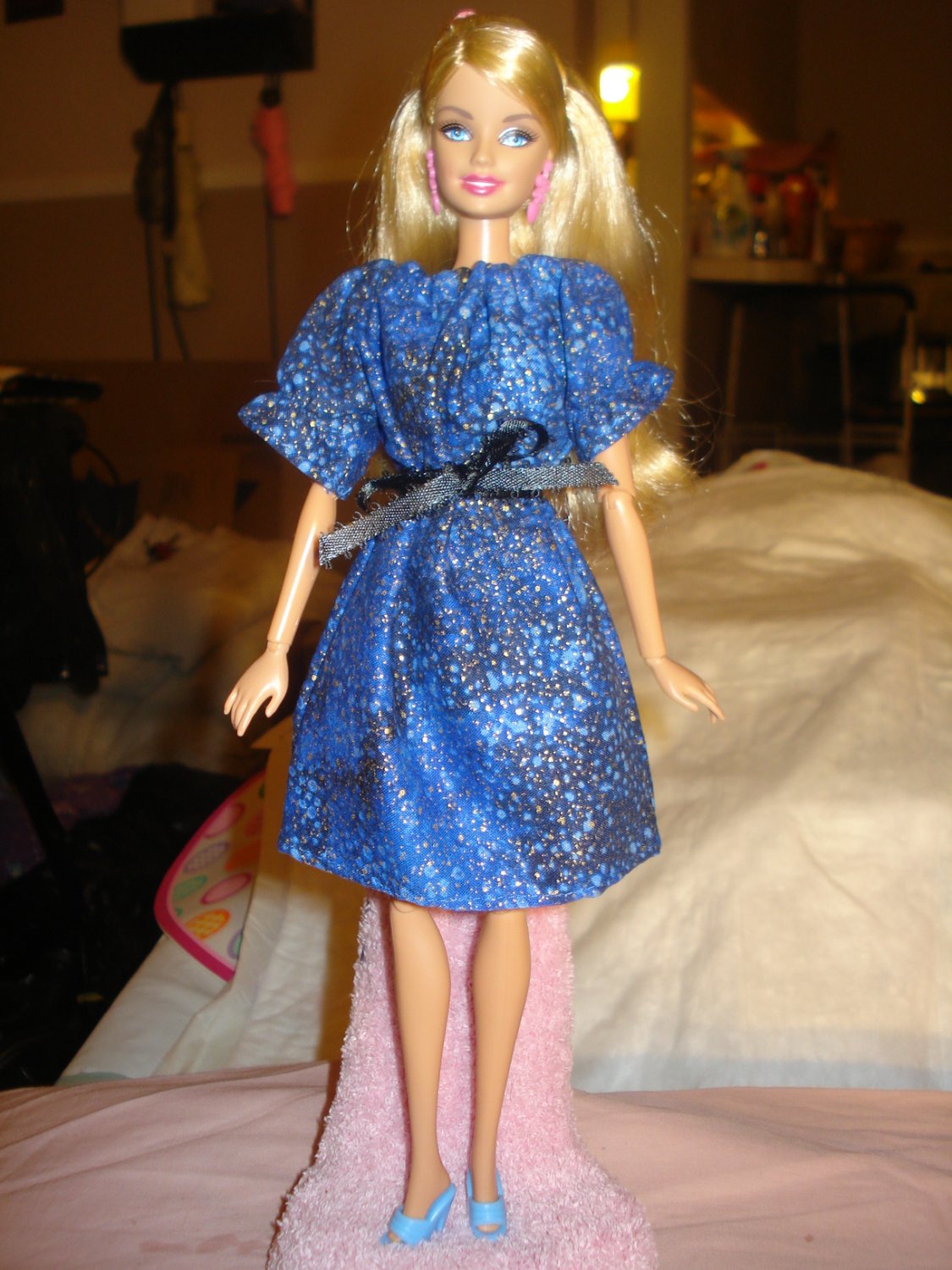 Blue and gold print easy on peasant dress for Barbie Dolls - ed134
