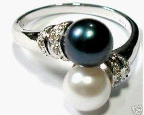 Charming double black white pearl women's ring size:7-9 free shipping