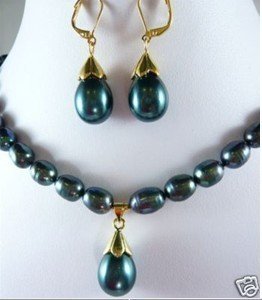 HOT! Fancy Black Pearl necklace pendant earring Set free shipping