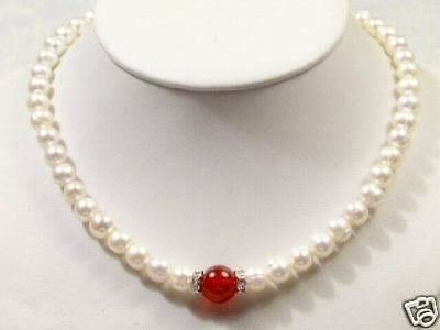 NEW 7-8MM WHITE PEARL & 10MM JADE NECKLACE 18" free shipping