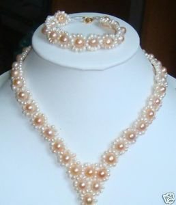 Jewelry wedding pink freshwater pearl necklace bracelet free shipping