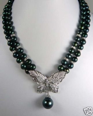 Beautiful 8mm Black Pearl Butterfly Crystal Necklace free shipping