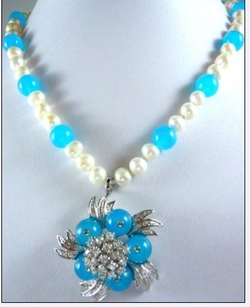 blue jade white pearl necklace pendant free shipping