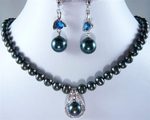 Beautiful 7-8mm black pearl necklace Match earring free shipping