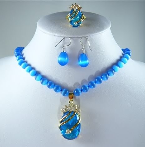 New blue opal necklace crystal pendant earring ring set free shipping