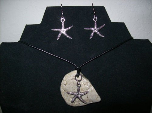 Handmade Beach Stone Necklace and Earrings Set with Leather Cord + FREE Gift Bag