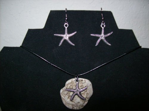 Handmade Beach Stone Necklace and Earrings Set with Leather Cord + FREE Gift Bag