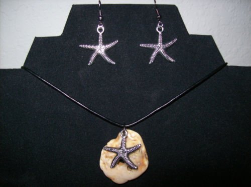 Necklace with Shell + Starfish Charm + Earrings Set + Leather Cord + FREE Gift Bag