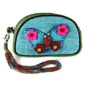 Small hemp hand bag with felt butterfly