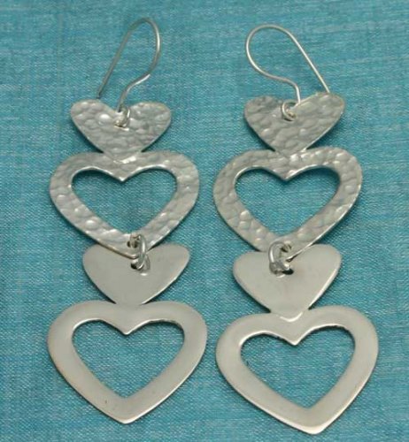 Sterling Silver 4 Hearts Dangle Earrings .925 From Taxco, Mexico