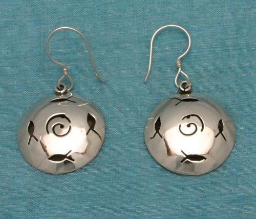 Sterling Silver Round Deco Dangle Earrings From Taxco, Mexico .925