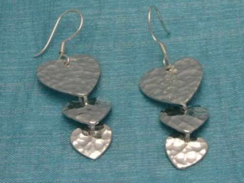 Mexican Sterling Silver 3 Hearts Dangle Earrings Taxco
