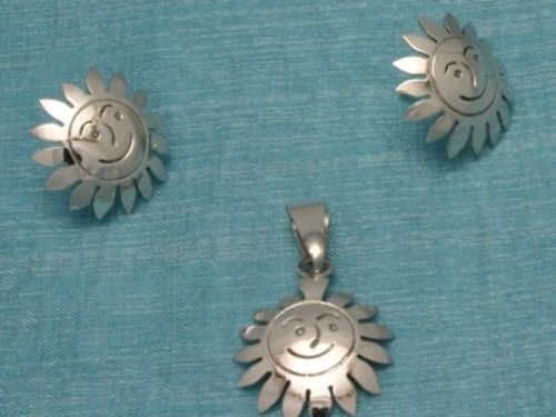 Sterling Silver Sun Deco Studs & Pendant Set .925 Taxco