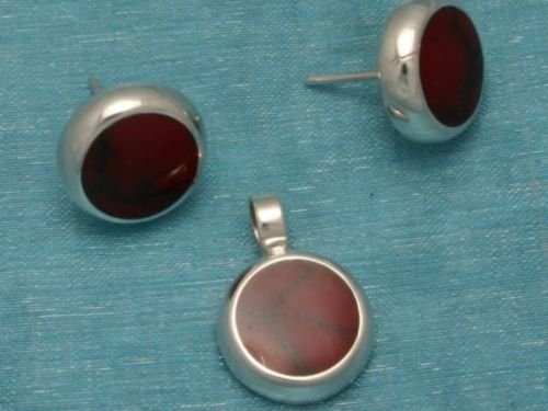 Sterling Silver Round Studs & Pendant Set Red Inlay 925