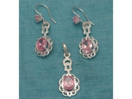 Sterling Silver Pink CZ Dangle Earrings & Pendant Set