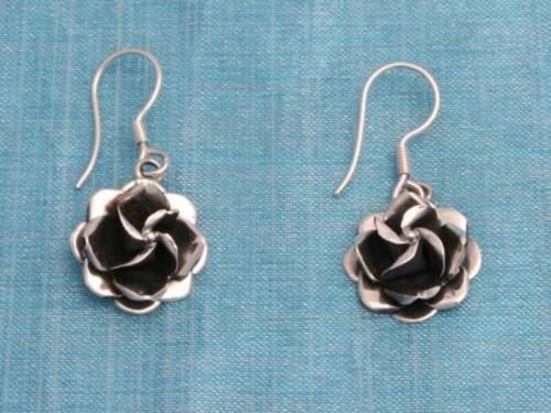 Sterling Silver Rose Dangle Earrings Taxco Mexico 925
