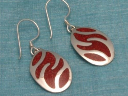 Sterling Silver Red Inlay Dangle Earrings Taxco Mexico