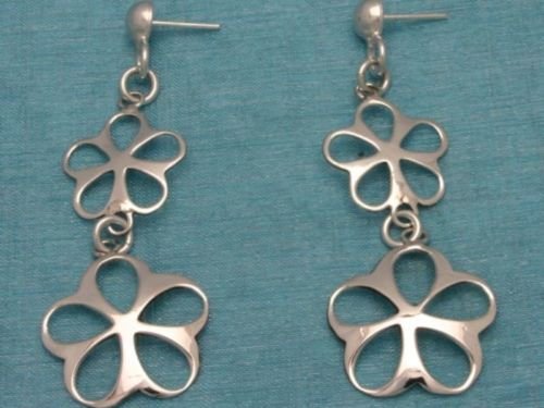 Sterling Silver Double Flower Power Dangle Earrings 925