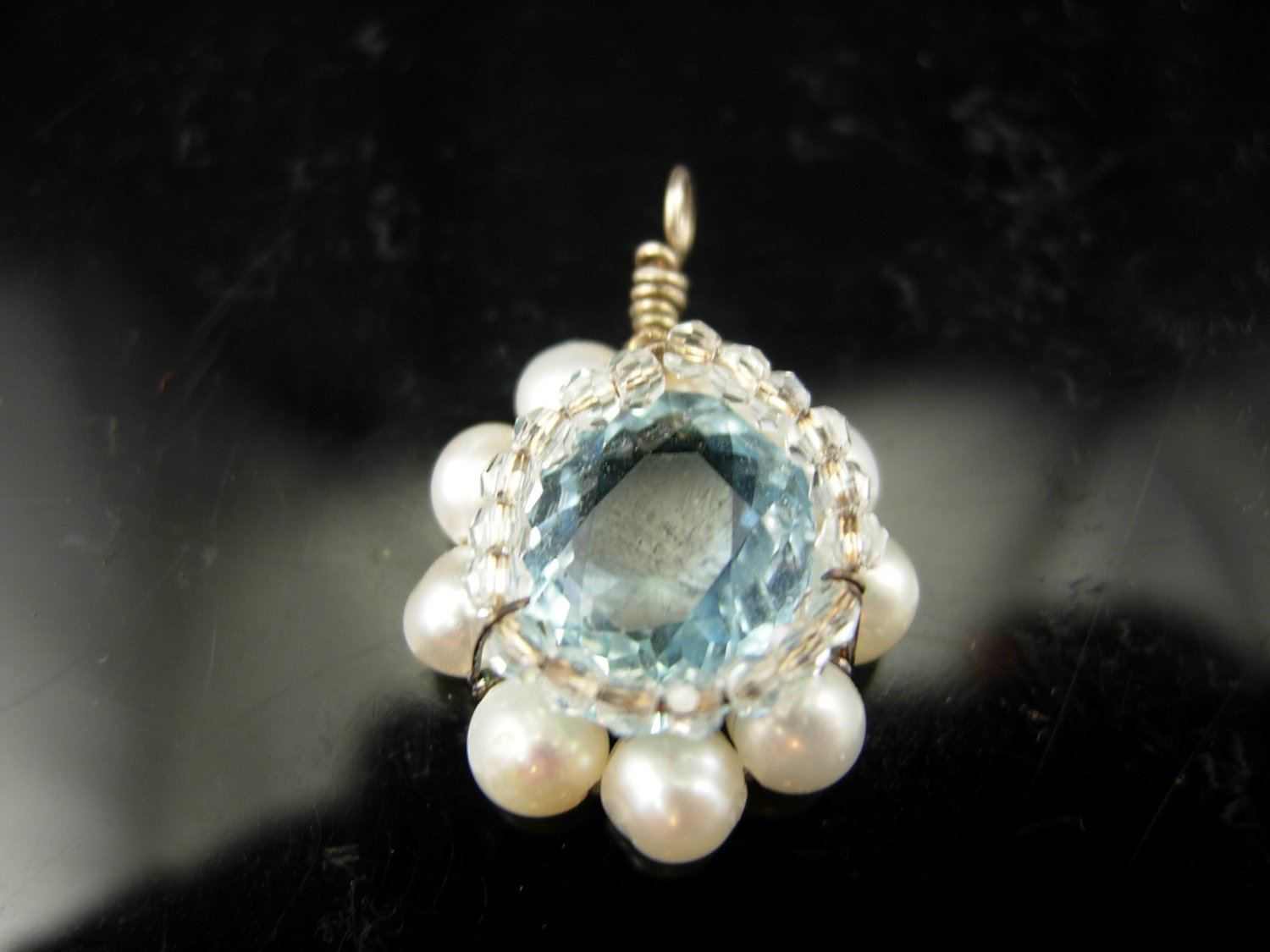 Cluster BlueTopaz/Pearl Necklace