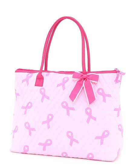 QUILTED PINK RIBBON PRINT LARGE TOTE