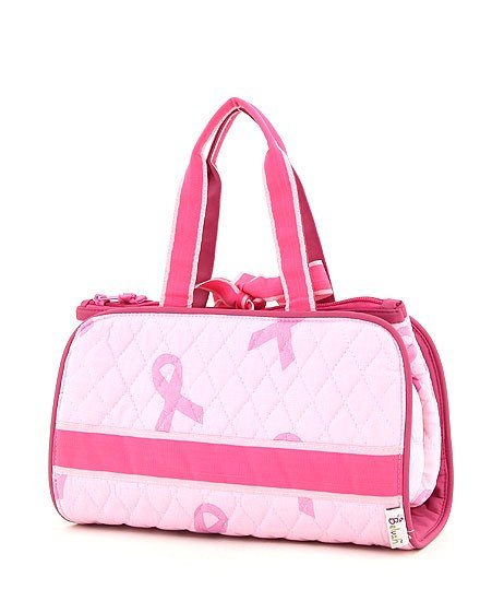 QUILTED PINK RIBBON PRINT 3PC COSMETIC BAG
