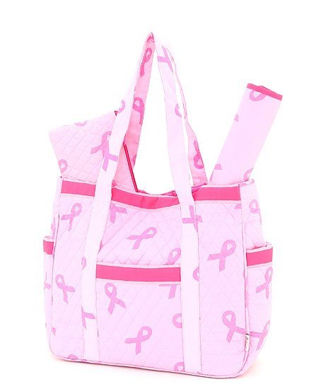 QUILTED PINK RIBBON PRINT 3PC DIAPER BAG
