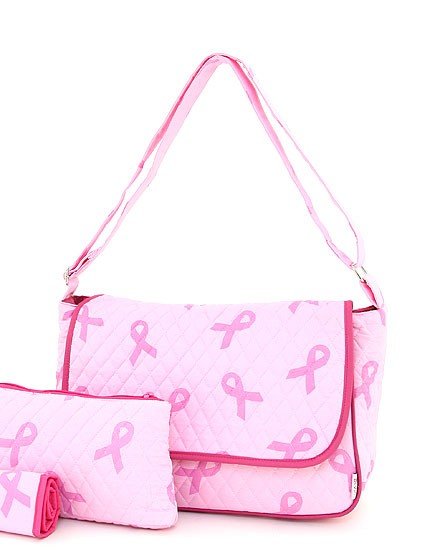 QUILTED PINK RIBBON PRINT 3PC DIAPER BAG