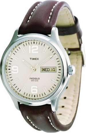 Timex 25981 Mens Silver-Tone Dress Watch with Brown Genuine Leather Band