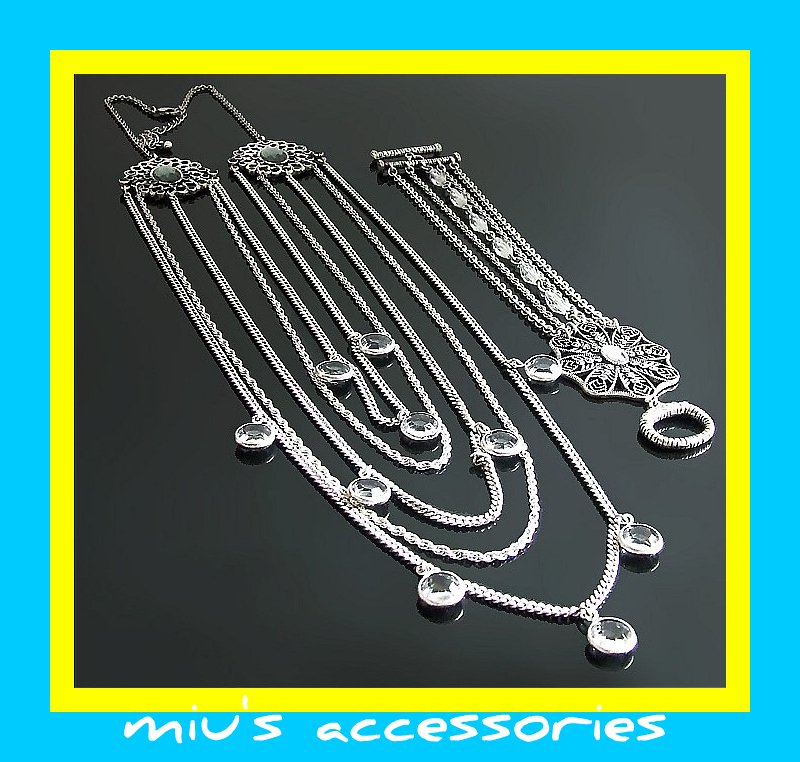 Miu's Silver + Black Rhinestone Multi Strand Necklace + Bracelet Jewelry Set (mis.26)