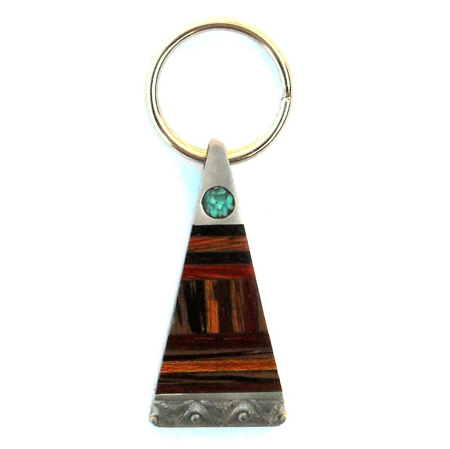 Exotic Laminated Wood Blackwood Turquoise Pewter Fob Key Ring Keychain