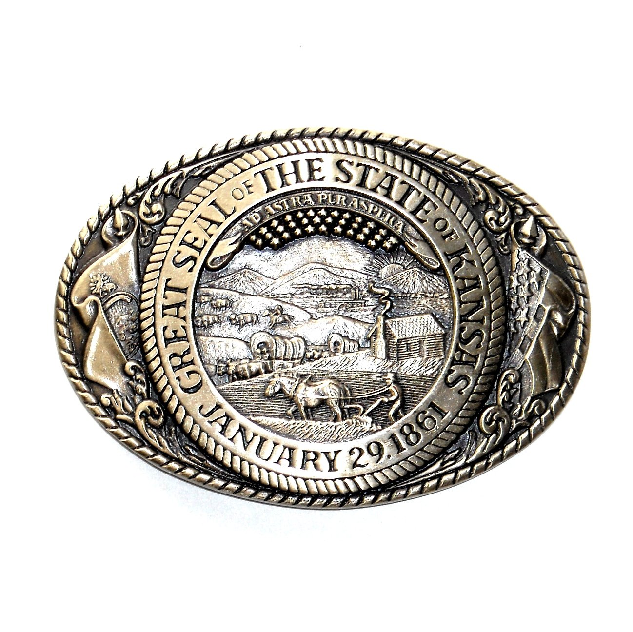 Great Seal State Of Kansas Tony Lama Solid Brass Belt Buckle