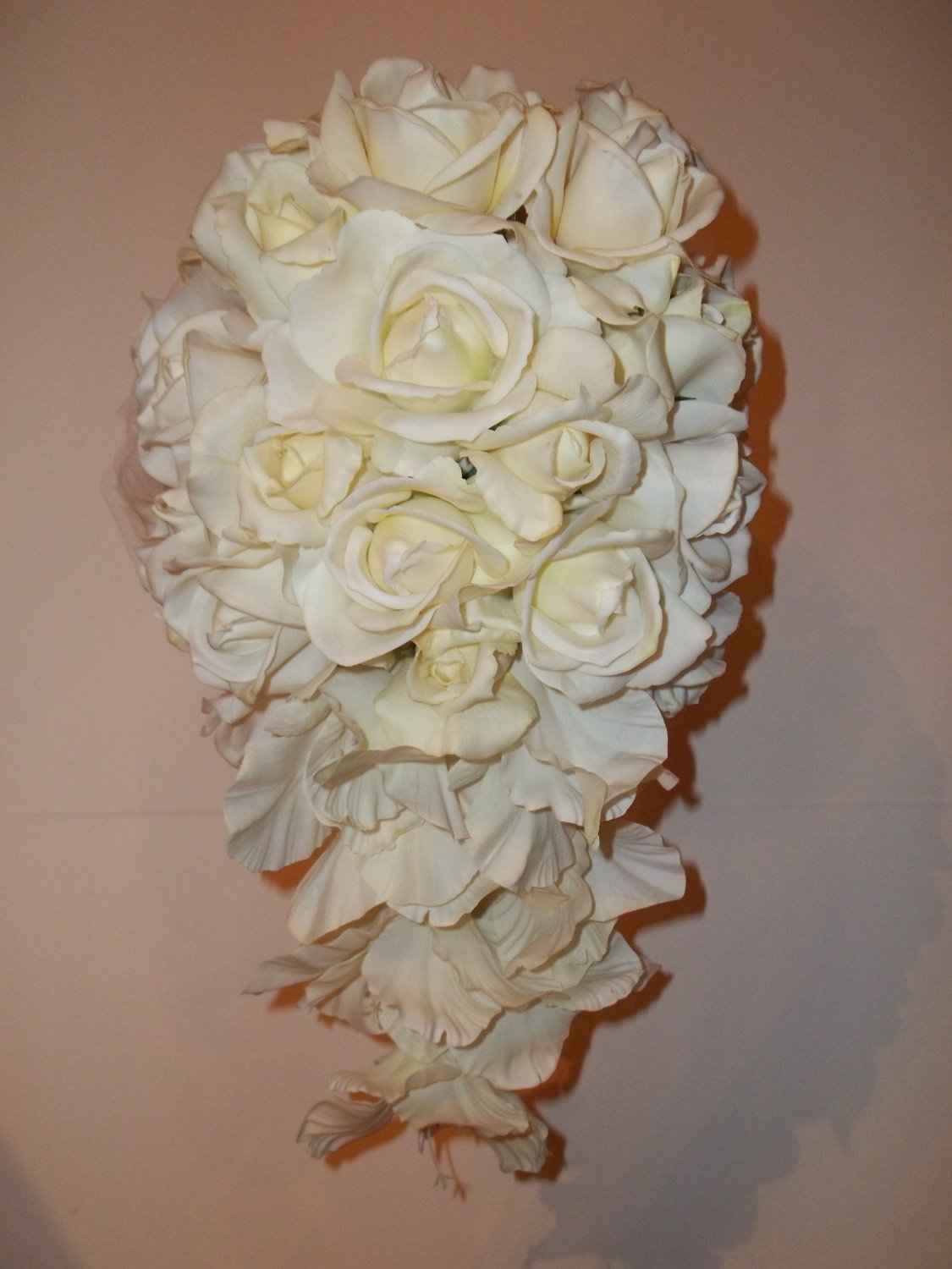 True Touch All White Gladolia and Rose Cascade Wedding Bouquet.