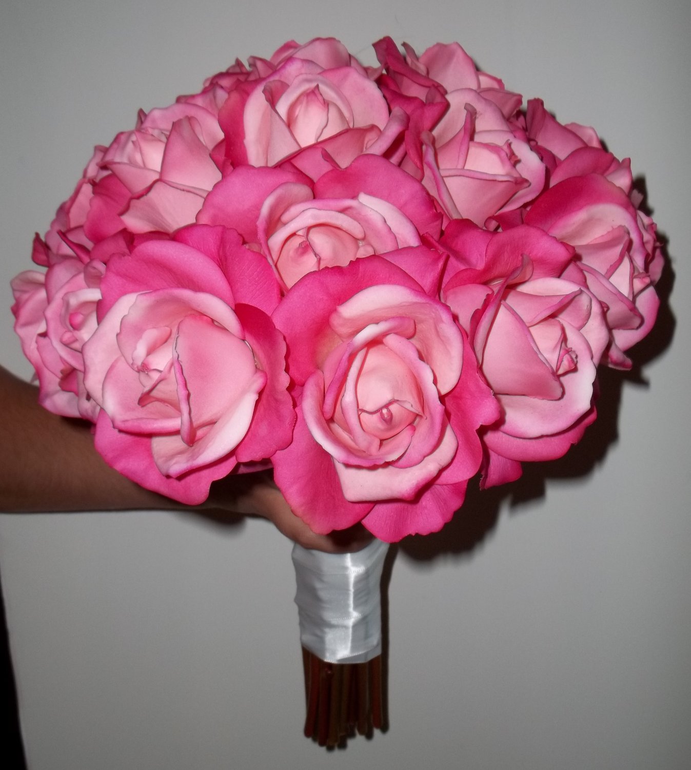 Beautiful 12" Round Supreme Wedding Bouquet. True Touch Open Faced Roses.