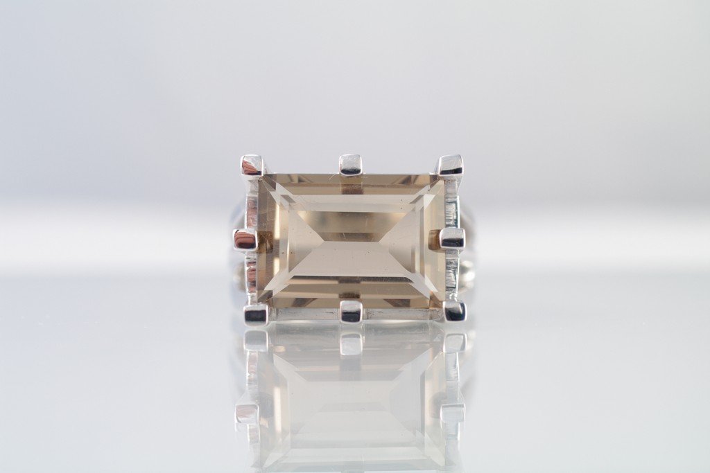 Smoky Quartz ring 925 sterling silver W/G plated