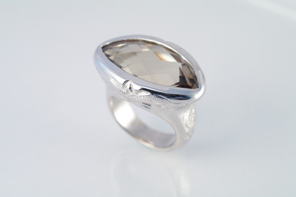 Smoky Quartz ring 925 sterling silver W/G plated