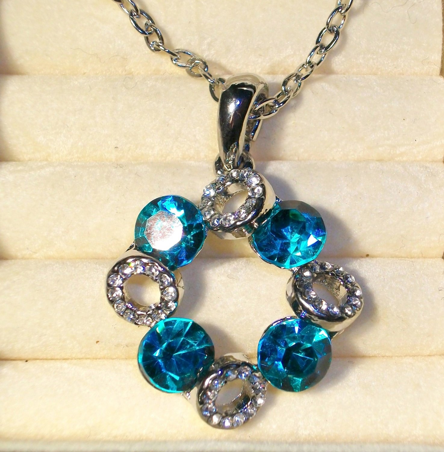 Fashion Pendant + Chain-Silver Tone- Turquoise and Clear Glass Stones