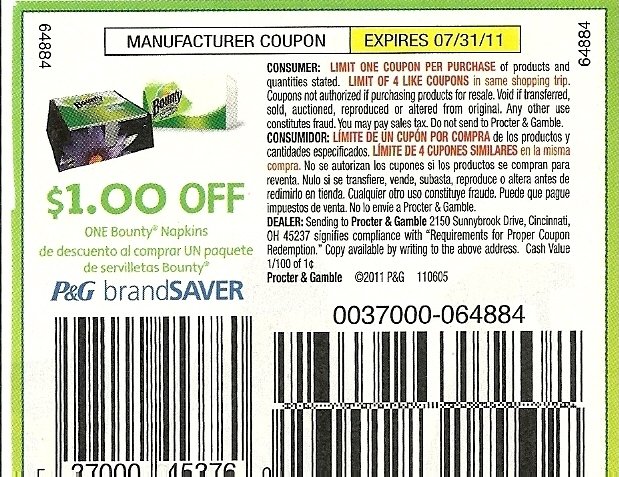 $1/1 Bounty Napkins exp 7/31/11 - Lot of 10
