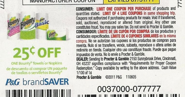 $0.25/1 Bounty Towels or Napkins exp 7/31/11 - Lot of 20