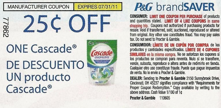 $0.25/1 Cascade Coupons exp. 7/31 - Lot of 20