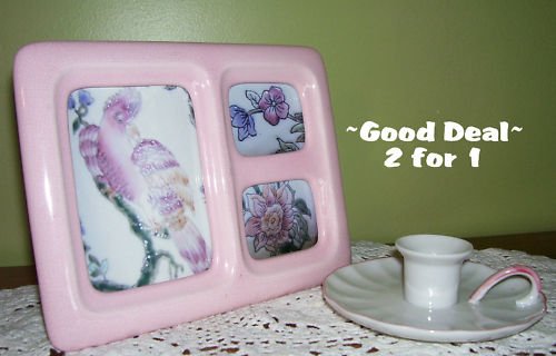 Picture Frame - Pink - Ceramic - 3 Photos - vintage