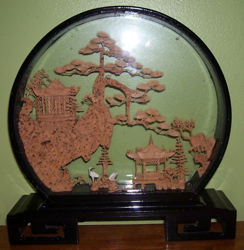 Cork Carving-Chinese Art in Shadow Box-Round - REDUCED