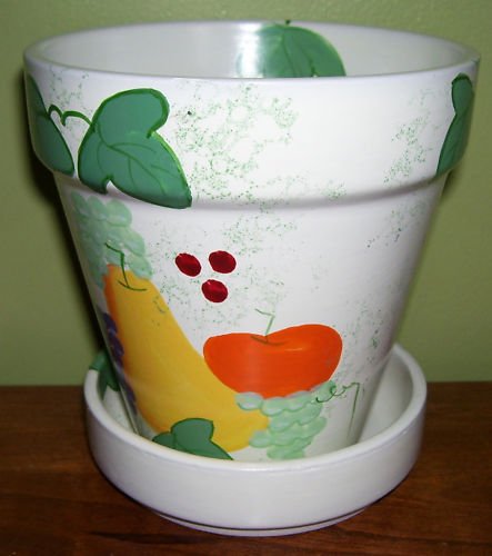 Flower Pot- Handpainted- fruit and ivy- NEW- cheerful!