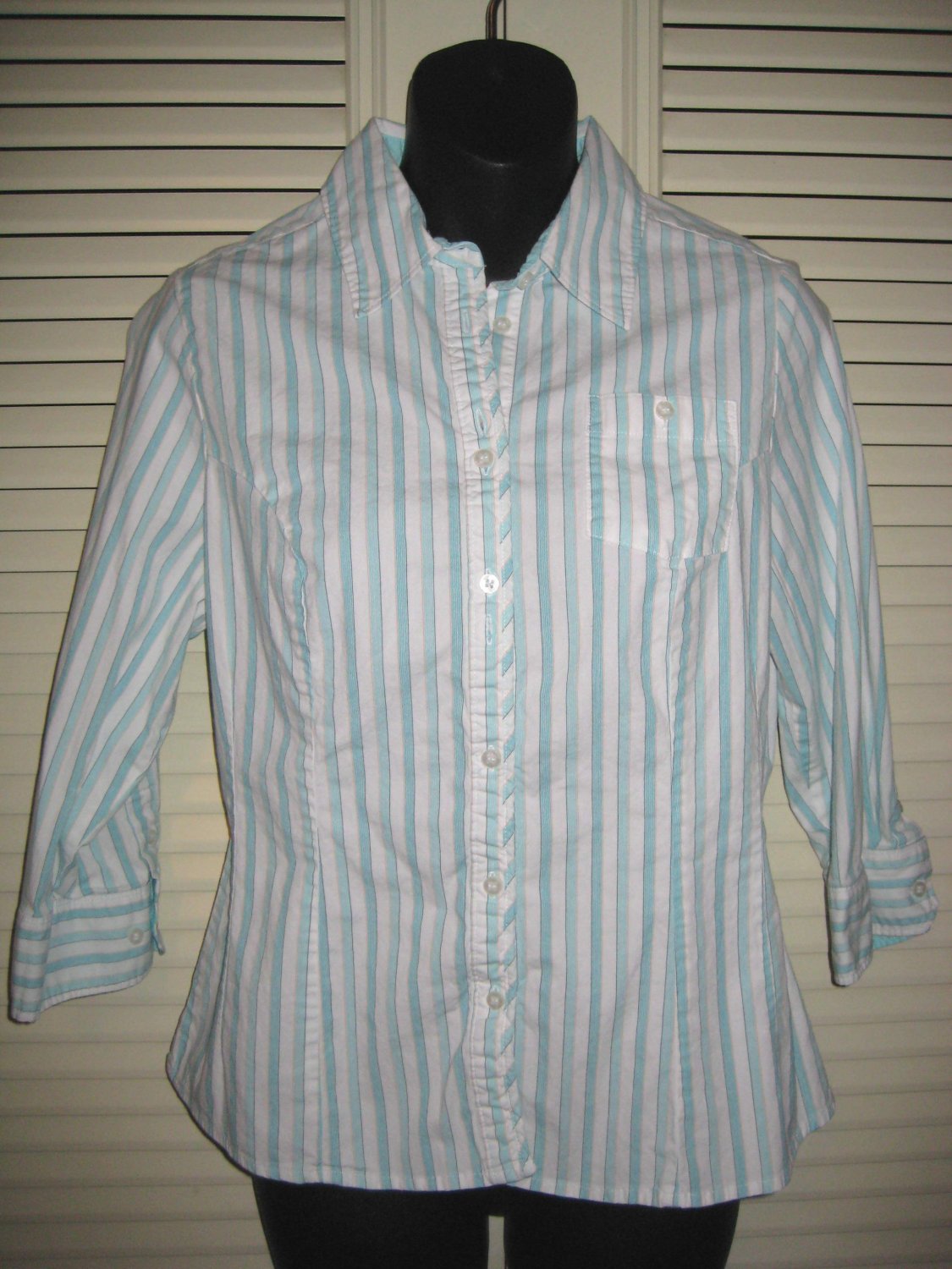 RIDERS Turquoise & White Striped Shirt Top Medium MINT