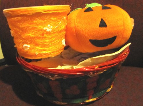 Baskets and Large plush pumpkin