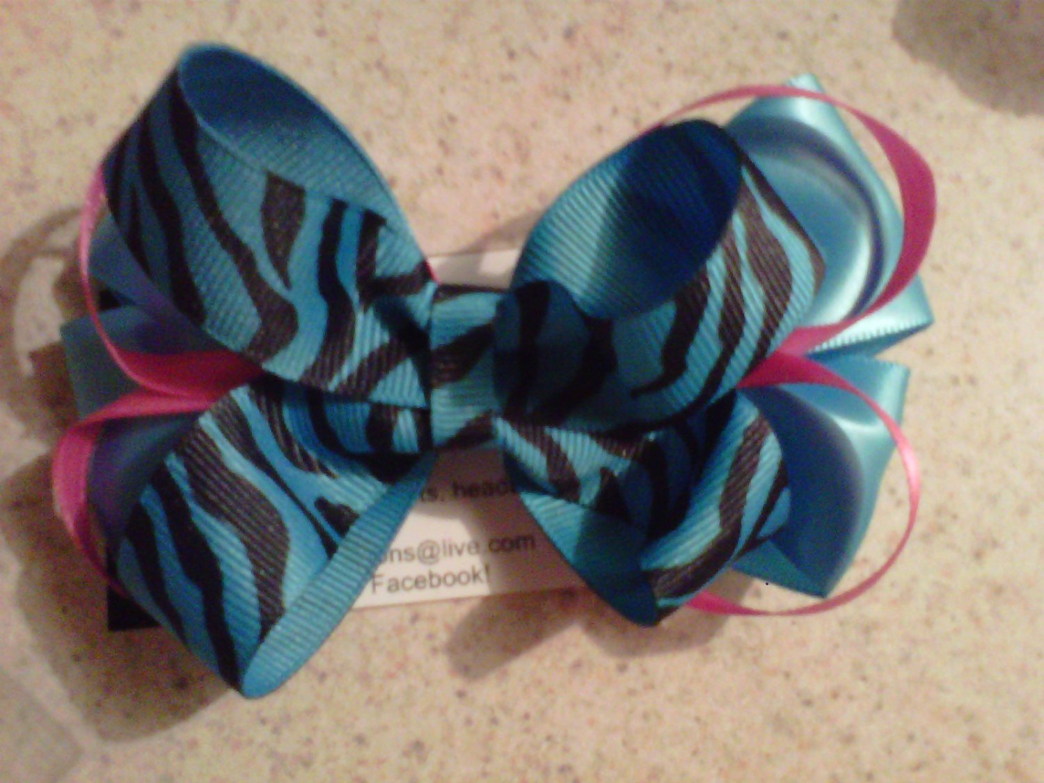 Blue, Black and Pink Zebra Stacked Bow Clip