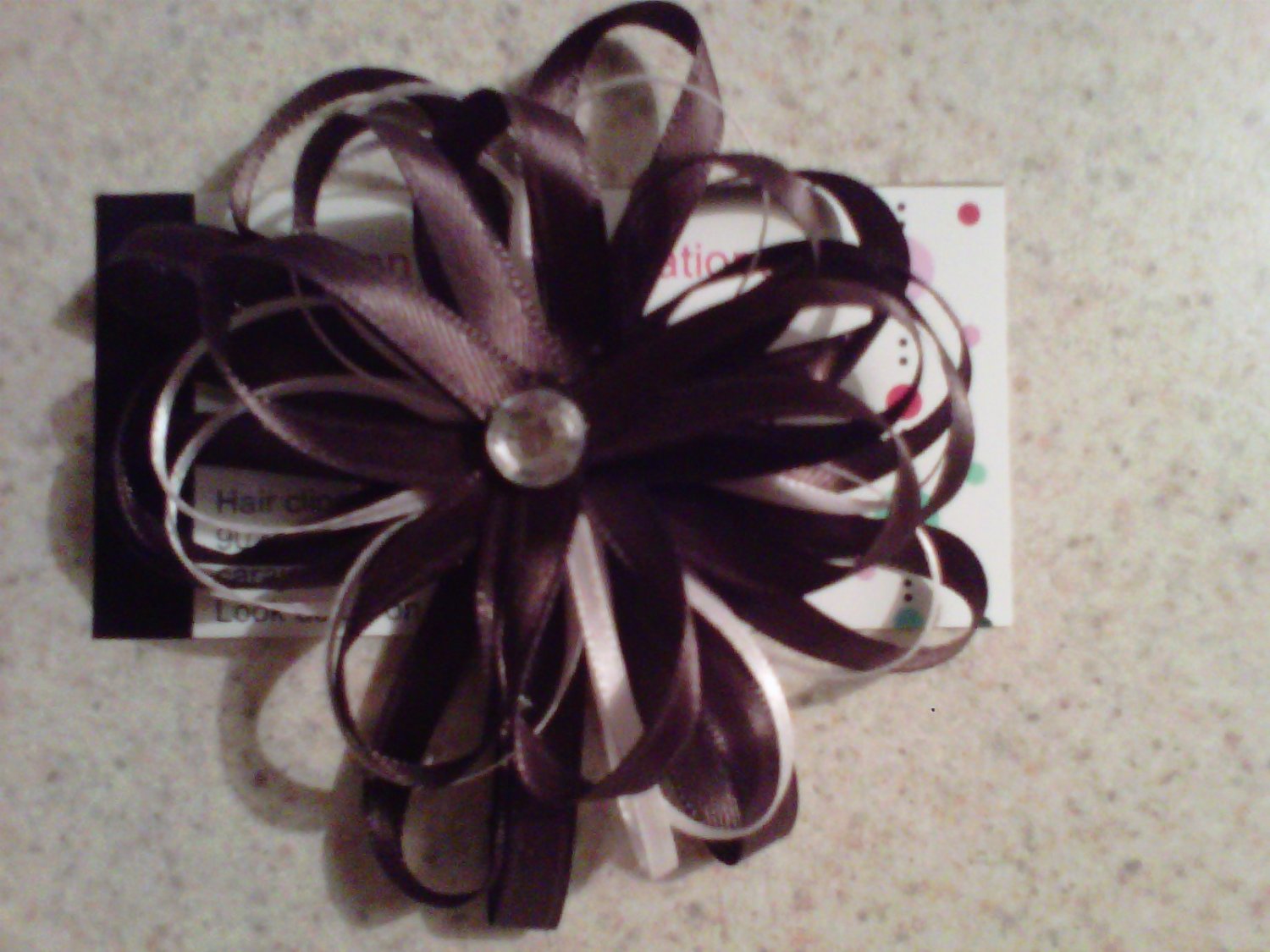 Brown and White Loop Bow Clip with Rhinestone